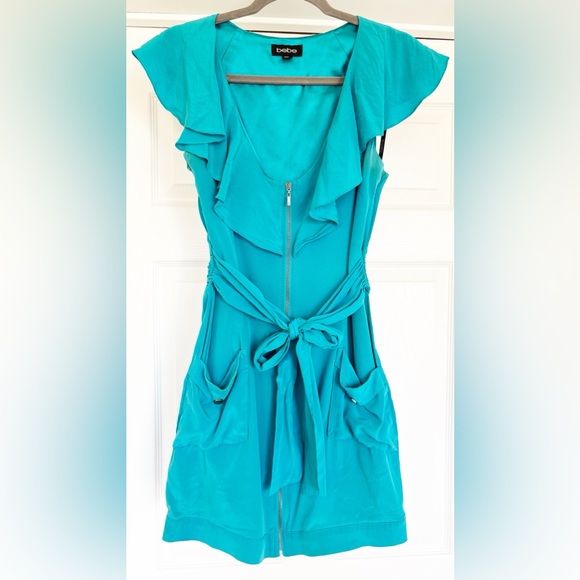 bebe Dresses & Skirts - Used bebe Silk Teal Sleeveless Dress with Ruffle Detail in Size Small